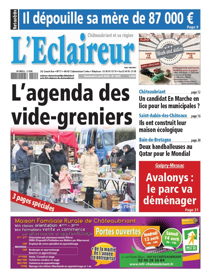 L'Eclaireur de Chateaubriant N°3555 du 06 avril 2018 à télécharger sur iPad