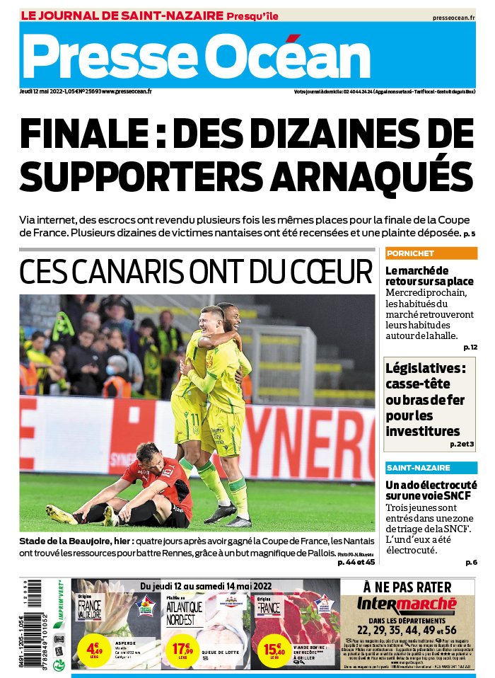 Presse Océan Du 13 Mai 2024 - Une : FC Nantes / Djokovic / Kooij / Eurovision / Mbappé / Monaco