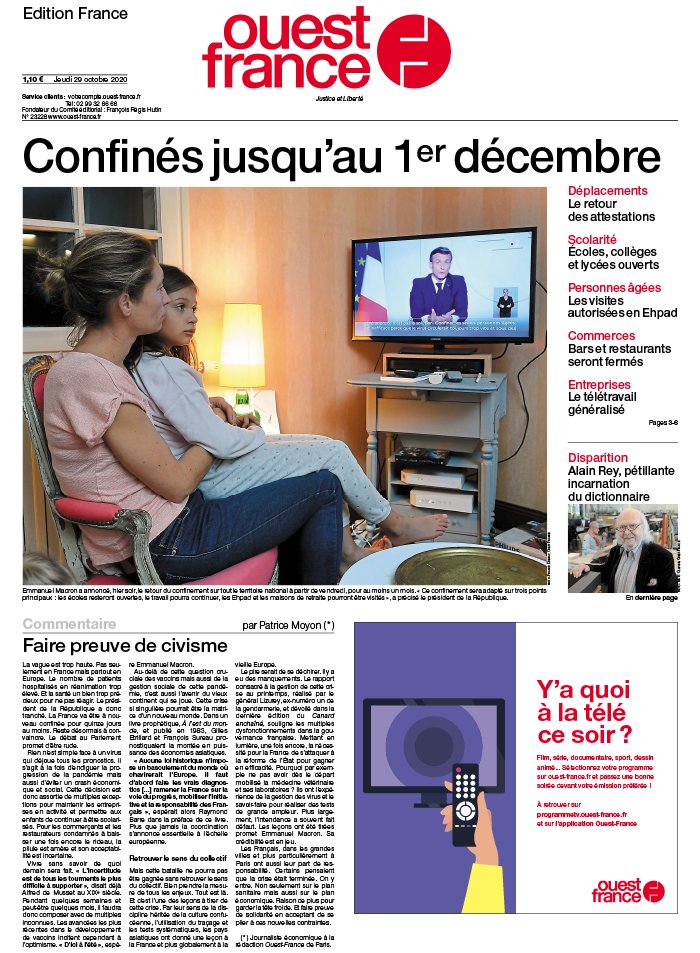 Ouest-France édition France 29 octobre 2020 Ouest-France édition France du 29 octobre 2020