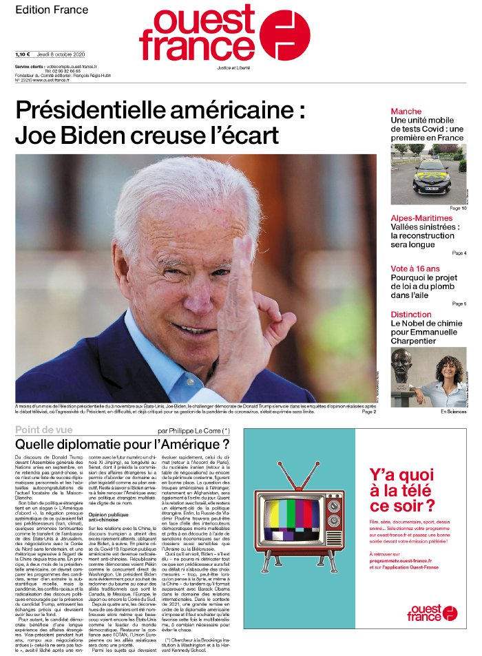 Ouest-France édition France N°20201008 du 08 octobre 2020 à télécharger