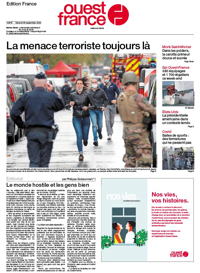 Ouest-France édition France 26 septembre 2020 Ouest-France édition France du 26 septembre 2020