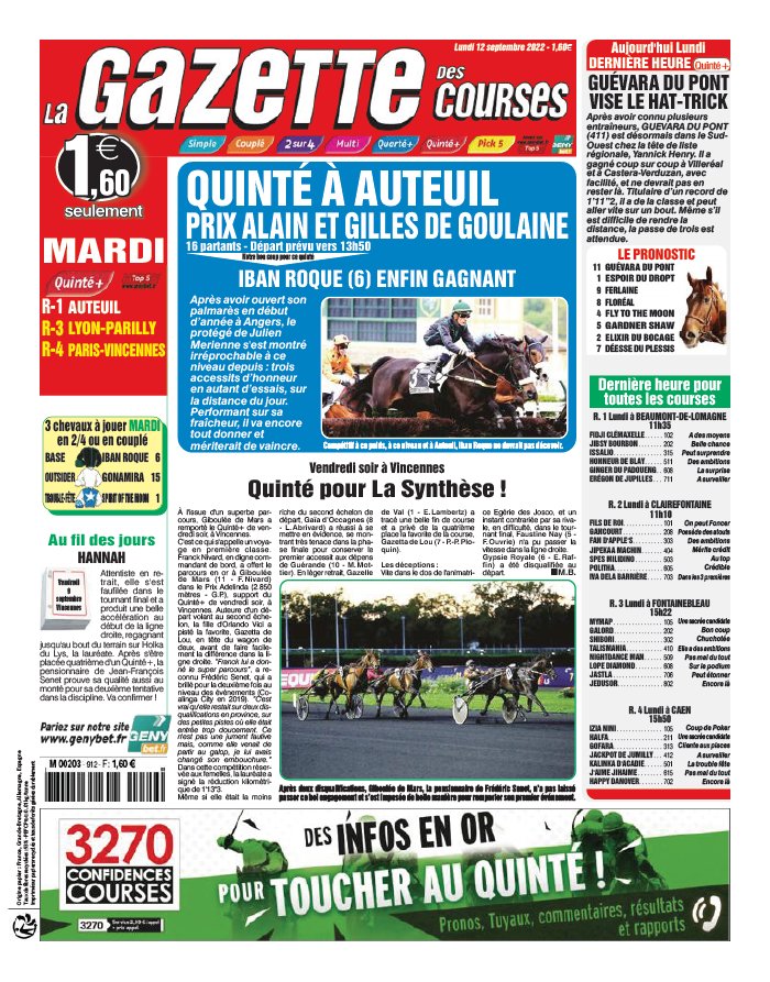 La Gazette des Courses N°20220912 du 12 septembre 2022 à télécharger