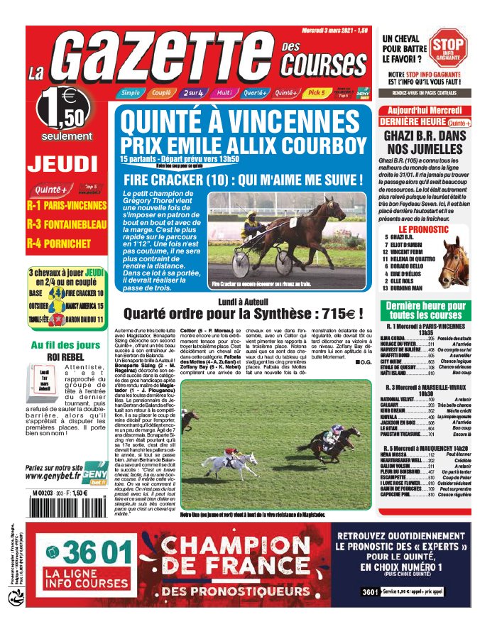 La Gazette des Courses 03 mars 2021 Abonnement La Gazette des Courses
