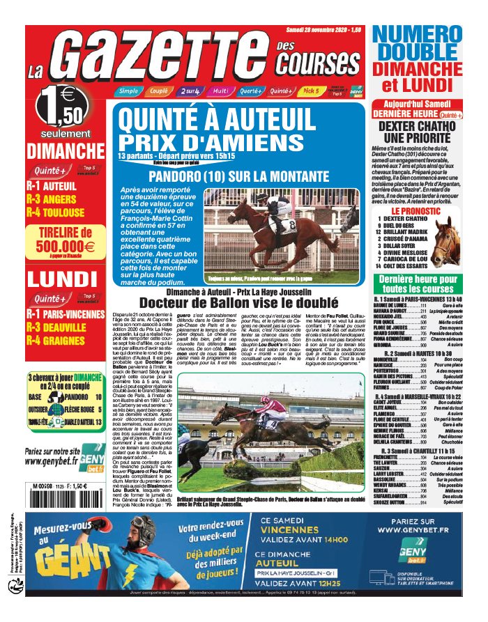 La Gazette des Courses 28 novembre 2020 Abonnement La Gazette des Courses