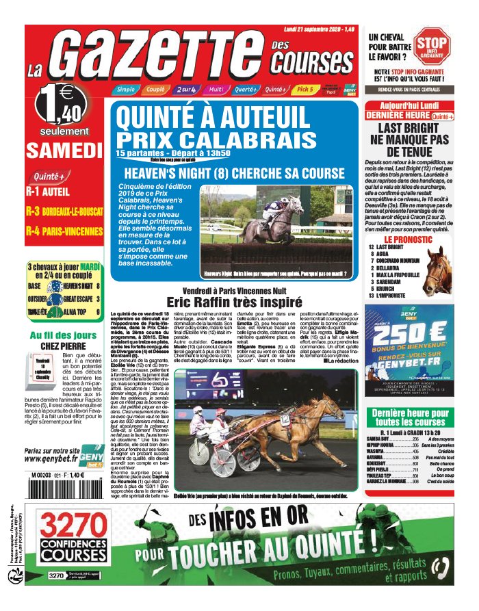 La Gazette des Courses 21 septembre 2020 Abonnement La Gazette des Courses