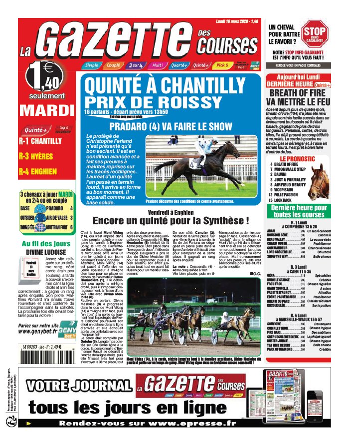 La Gazette des Courses 16 mars 2020 Abonnement La Gazette des Courses