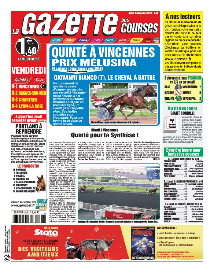 La Gazette des Courses 05 décembre 2019 Abonnement La Gazette des Courses