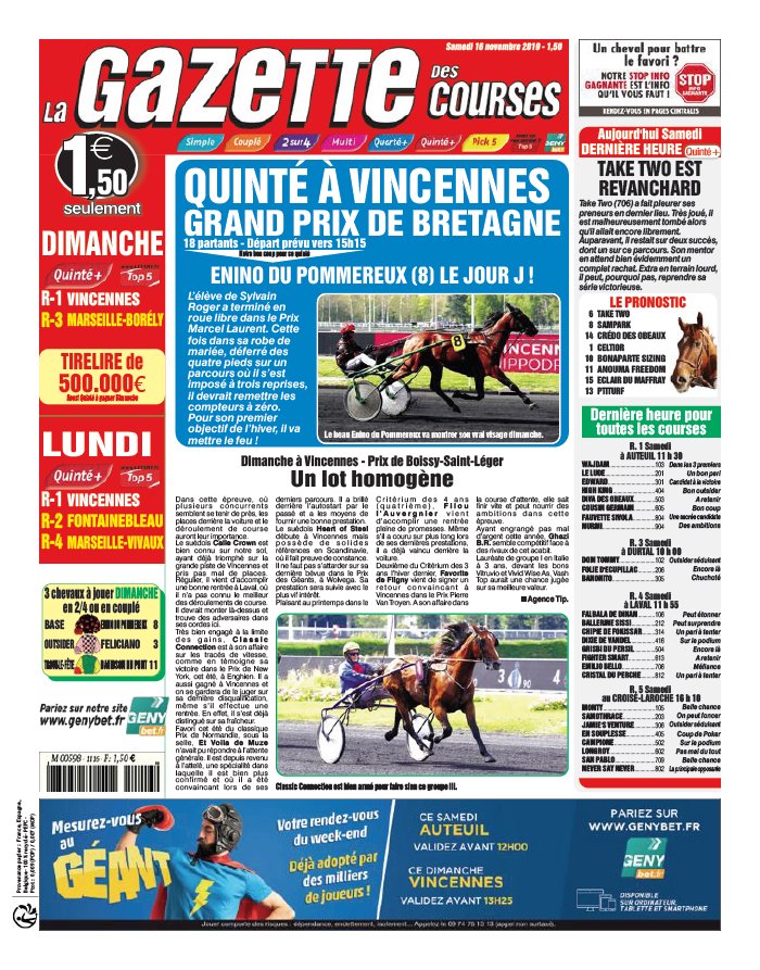 La Gazette des Courses 16 novembre 2019 Abonnement La Gazette des Courses Pas Cher avec le BOUQUET ePresse.fr