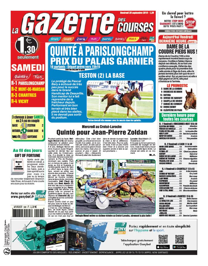 La Gazette des Courses 20 septembre 2019 Abonnement La Gazette des Courses Pas Cher avec le BOUQUET ePresse.fr