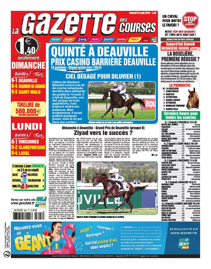 La Gazette des Courses 24 août 2019 Abonnement La Gazette des Courses Pas Cher avec le BOUQUET ePresse.fr