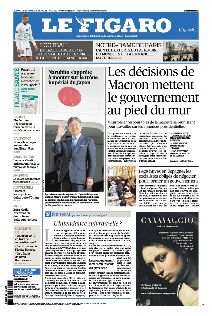 Le Figaro 29 avril 2019 Le Figaro N°23236 du 29 avril 2019 à télécharger sur iPad