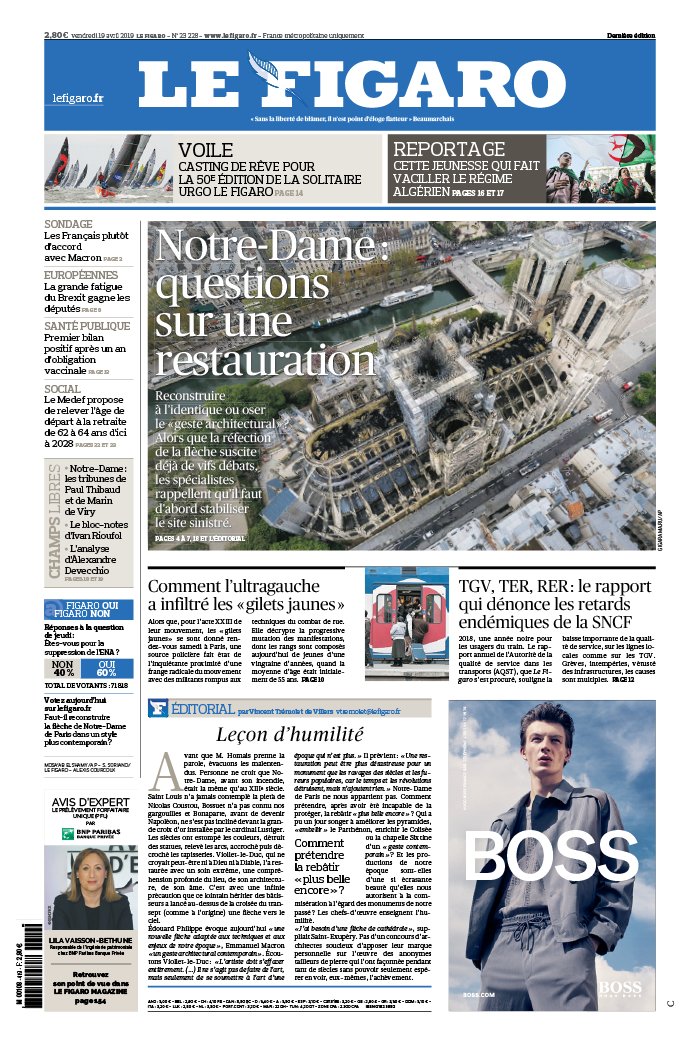Le Figaro 19 avril 2019 Le Figaro N°23228 du 19 avril 2019 à télécharger sur iPad