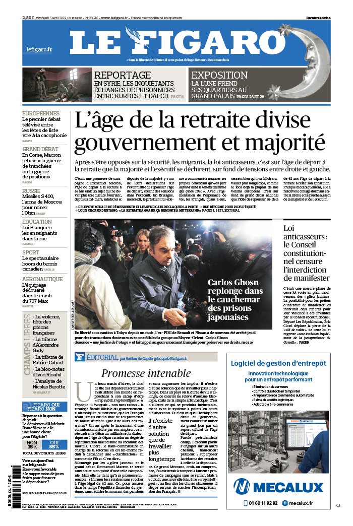 Le Figaro 05 avril 2019 Le Figaro N°23216 du 05 avril 2019 à télécharger sur iPad