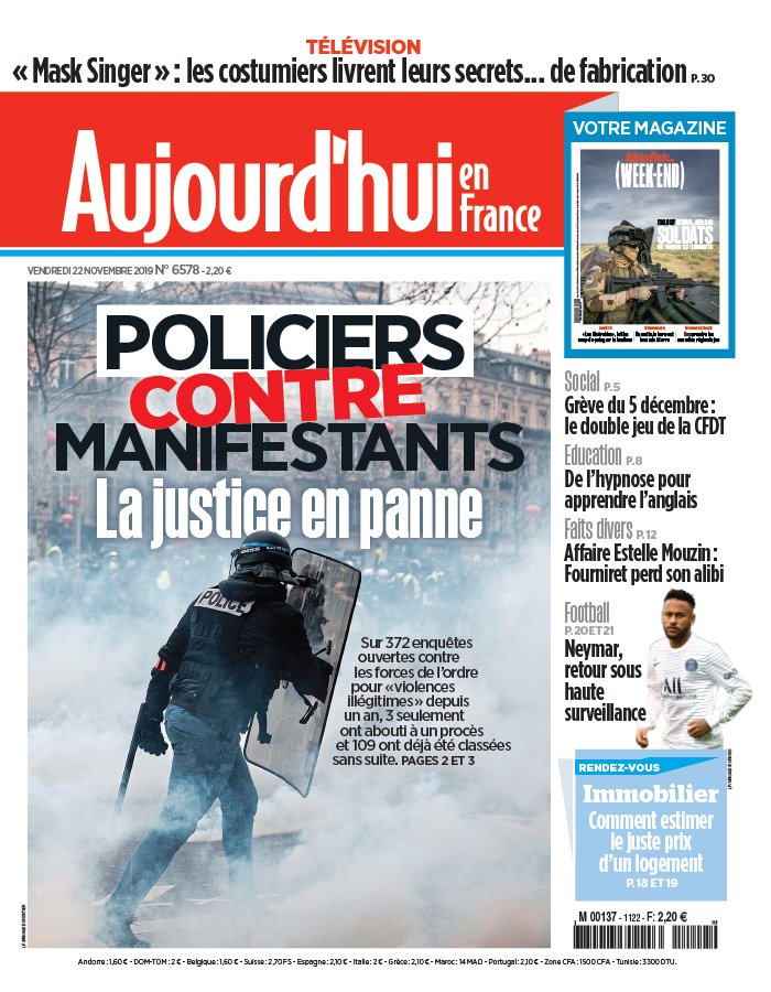 Aujourd'hui en France 22 novembre 2019 Abonnement Aujourd’hui en France Pas Cher avec le BOUQUET ePresse.fr