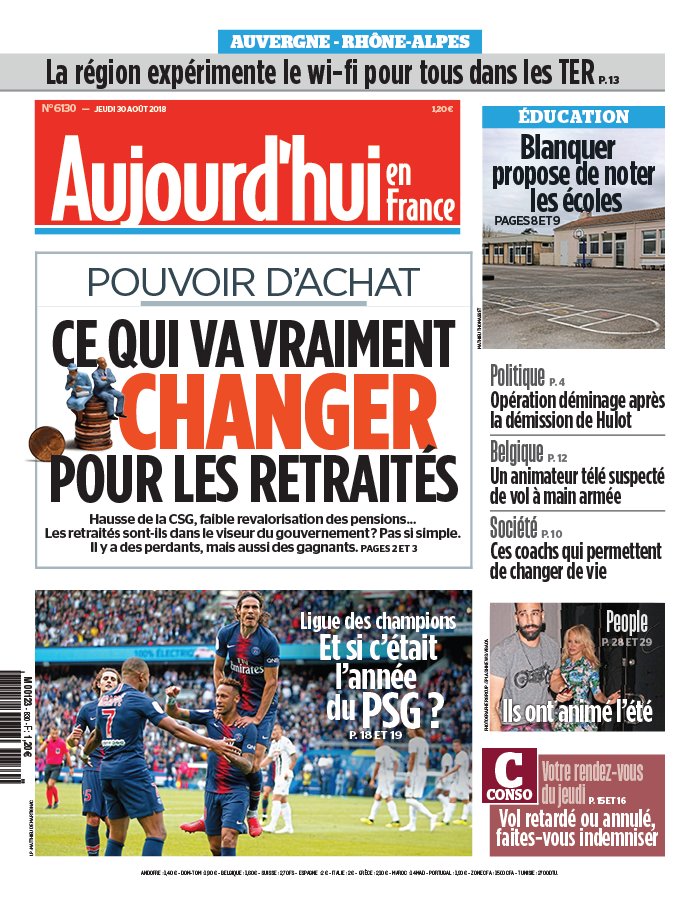 Aujourd'hui en France N°6130 du 30 août 2018 à télécharger