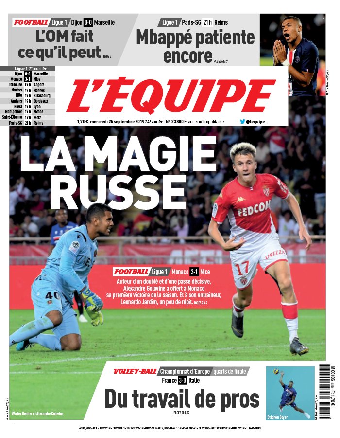 L'Equipe 25 septembre 2019 L'Equipe N°23800 du 25 septembre 2019 à télécharger sur iPad