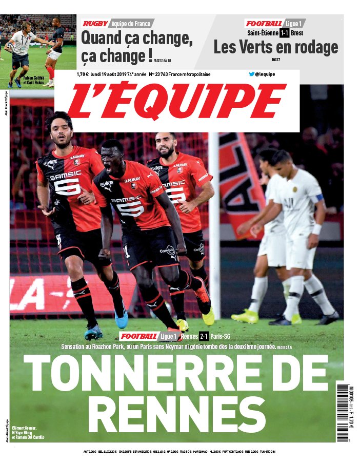 L'Equipe 19 août 2019 L'Equipe N°23763 du 19 août 2019 à télécharger sur iPad