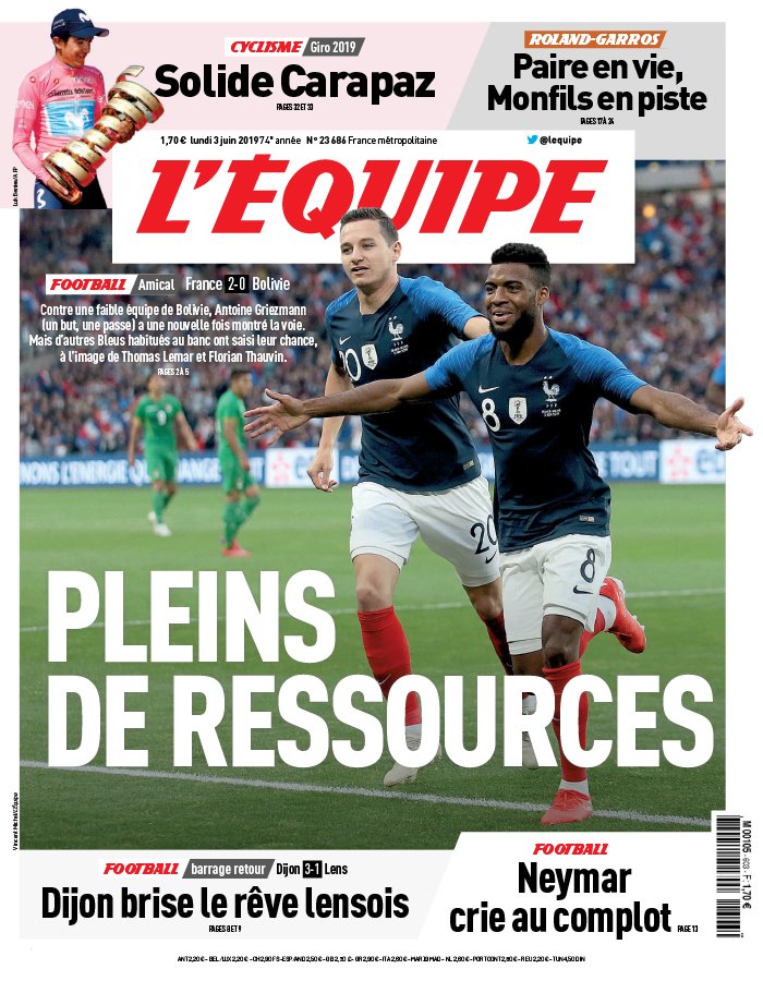 L'Equipe 03 juin 2019 L'Equipe N°23691 du 03 juin 2019 à télécharger sur iPad