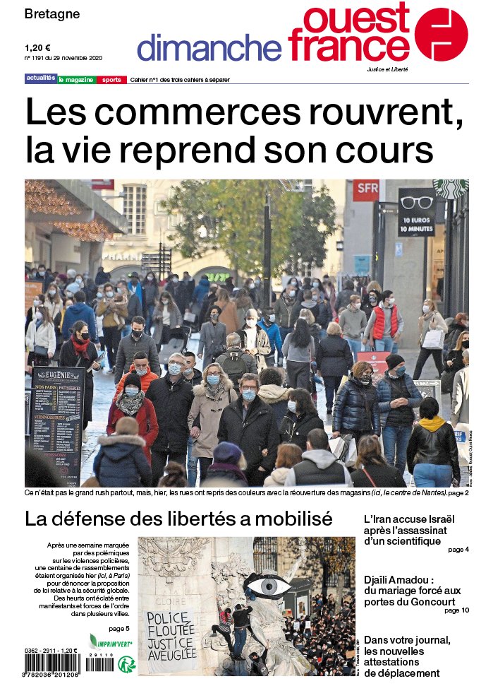 Dimanche Ouest-France 29 novembre 2020 Dimanche Ouest-France - Vannes du 29 novembre 2020