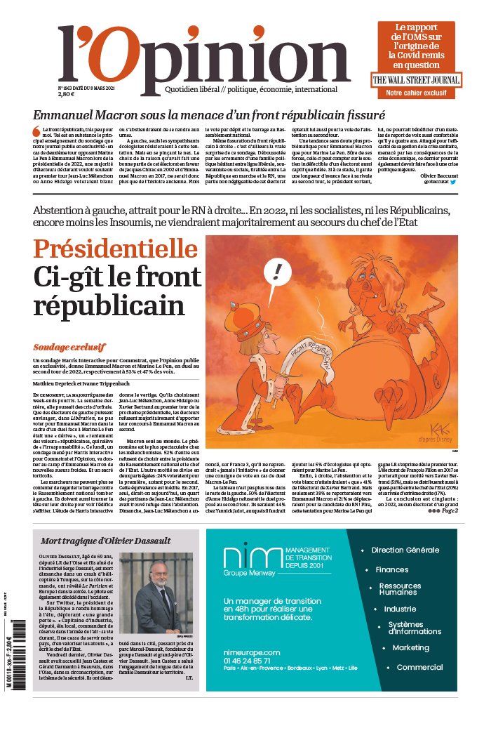 L'Opinion 08 mars 2021 Abonnement à L’Opinion Pas Cher avec le BOUQUET INFO ePresse.fr
