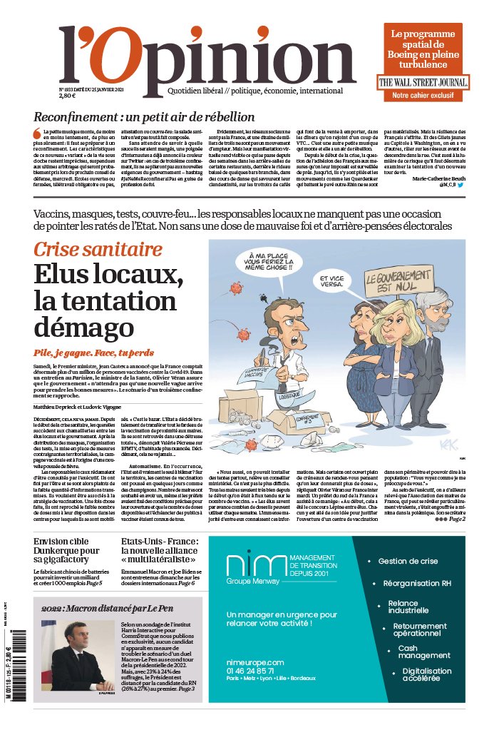 L'Opinion 25 janvier 2021 L'Opinion N°20210125 du 25 janvier 2021 à télécharger sur iPad
