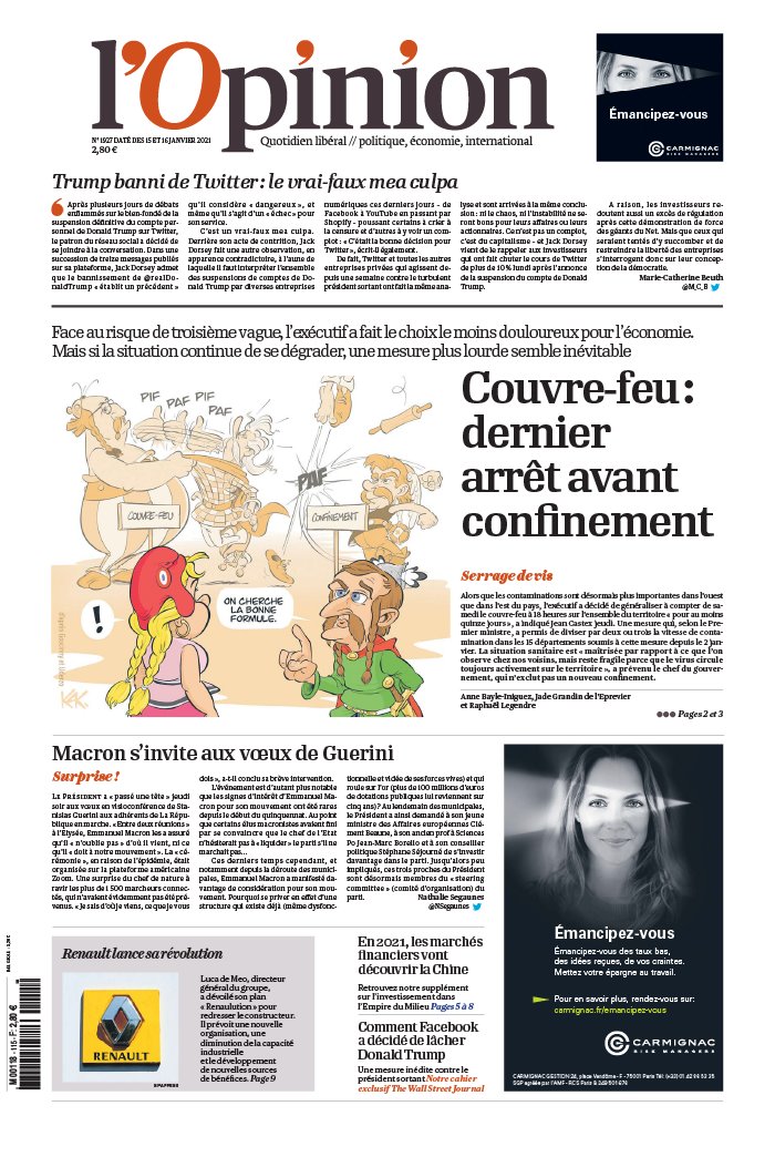 L'Opinion 15 janvier 2021 L'Opinion N°20210115 du 15 janvier 2021 à télécharger sur iPad