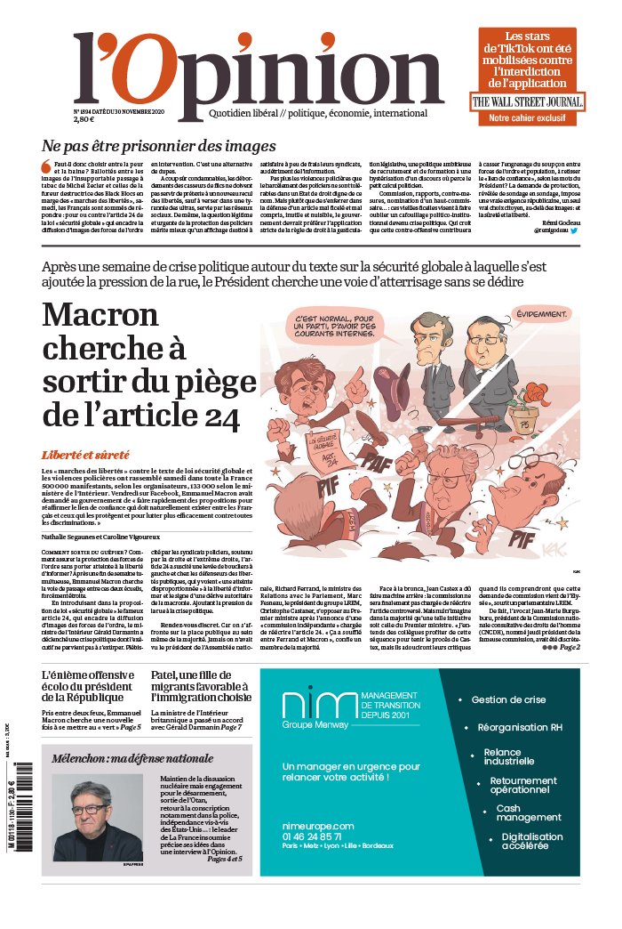 L'Opinion 30 novembre 2020 L'Opinion N°20201130 du 30 novembre 2020 à télécharger sur iPad