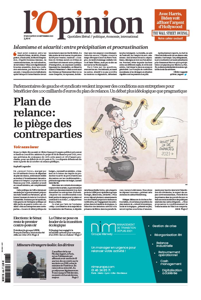 L'Opinion 28 septembre 2020 L'Opinion N°20200928 du 28 septembre 2020 à télécharger sur iPad