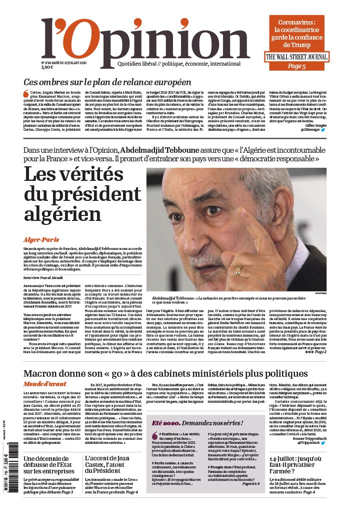 L'Opinion 13 juillet 2020 L'Opinion N°20200713 du 13 juillet 2020 à télécharger sur iPad