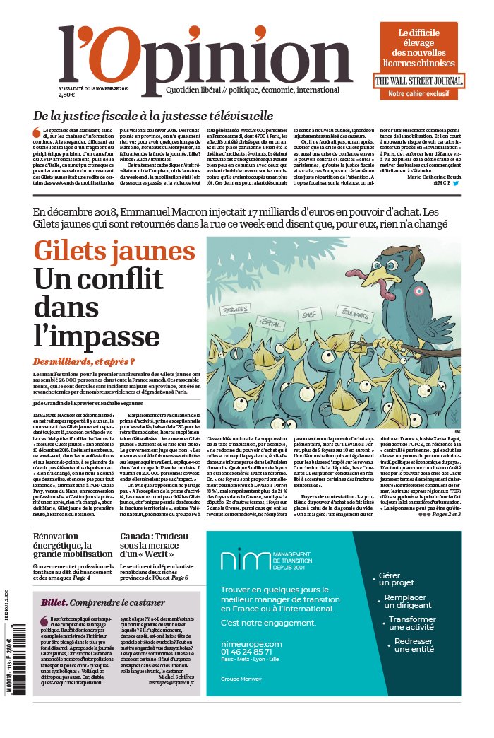 L'Opinion 18 novembre 2019 Abonnement à L’Opinion Pas Cher avec le BOUQUET INFO ePresse.fr