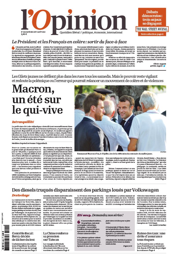 L'Opinion N°20190802 du 02 août 2019 à télécharger sur iPad