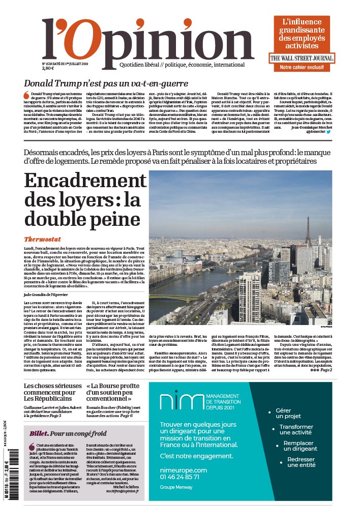 L'Opinion 01 juillet 2019 L'Opinion N°20190701 du 01 juillet 2019 à télécharger sur iPad