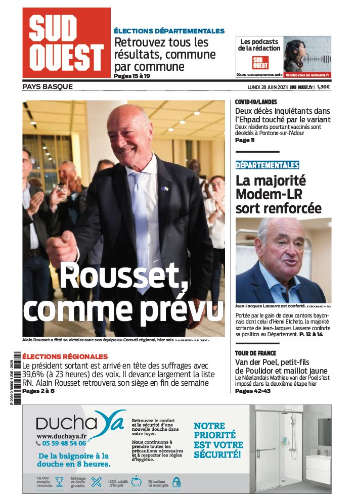 Sud Ouest N°20210628 du 28 juin 2021 à télécharger sur iPad