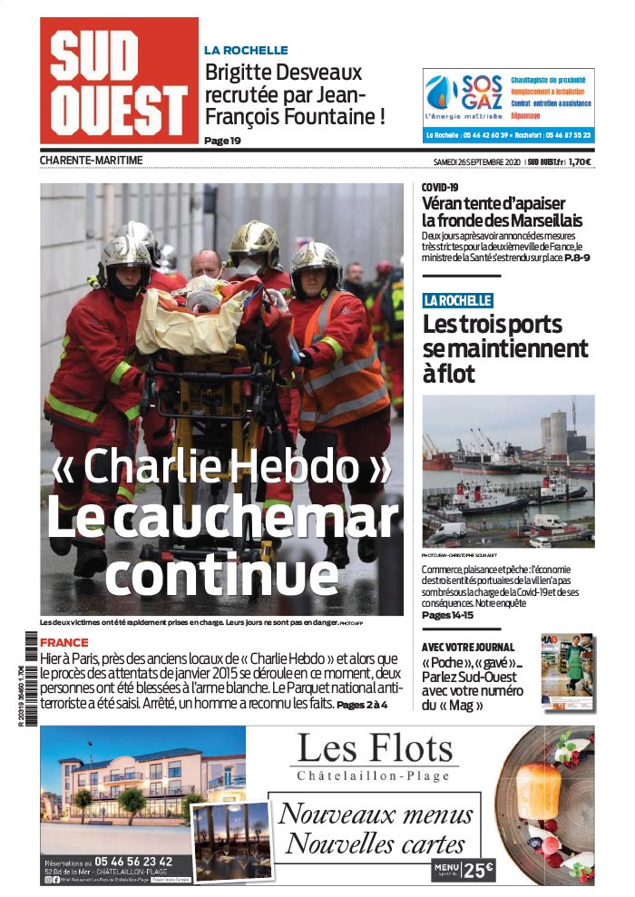 Attentat Paris 26 Septembre 2020 - Sud Ouest N 20200926 Du 26 Septembre 2020 A Telecharger Sur Ipad