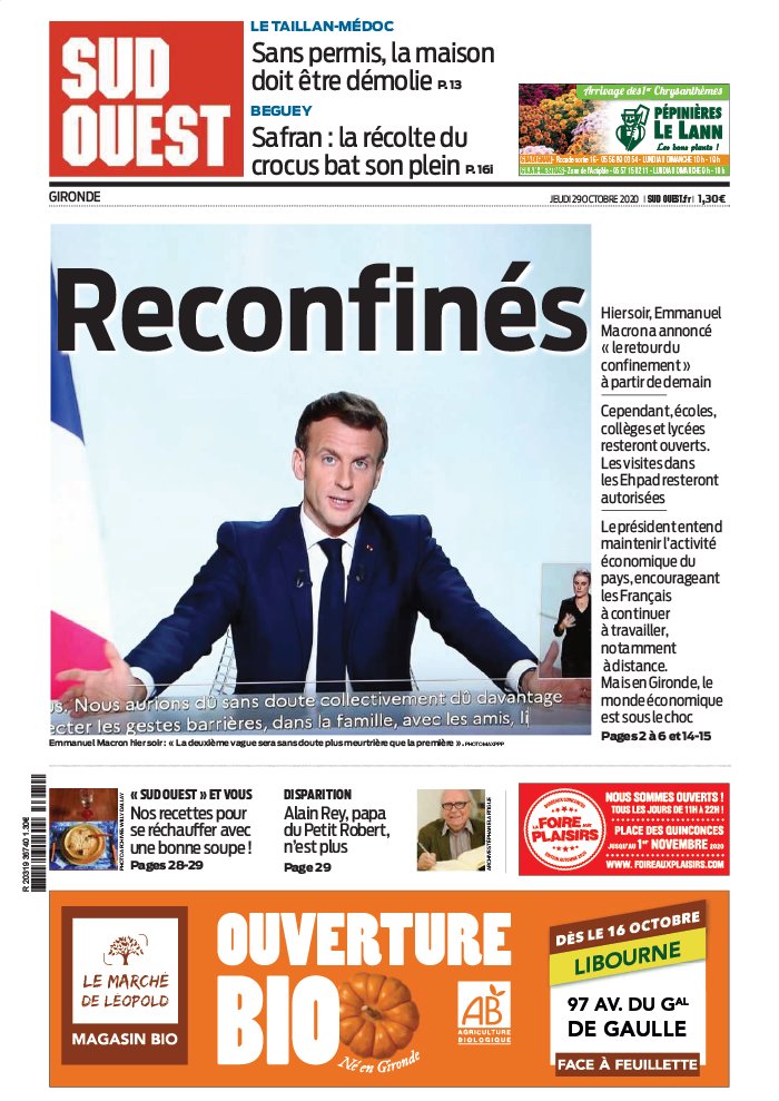 Sud Ouest 29 octobre 2020 Sud Ouest - Gironde du 29 octobre 2020
