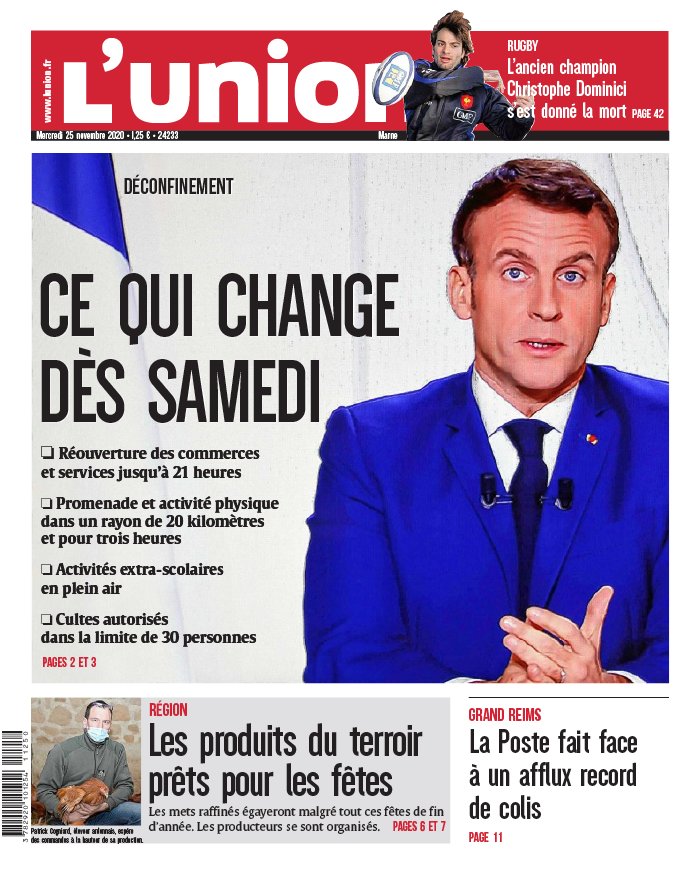 L'Union 25 novembre 2020 Abonnement à L’Union Pas Cher avec le BOUQUET INFO ePresse.fr