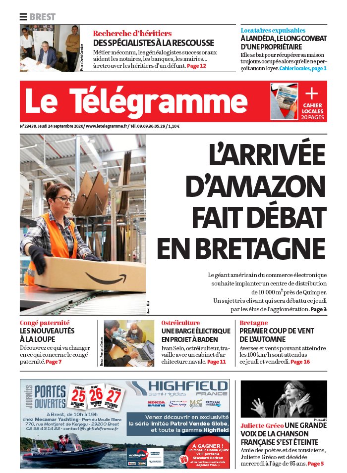 Le Télégramme 24 septembre 2020 Abonnement Le Télégramme Pas Cher avec BOUQUET INFO ePresse.fr