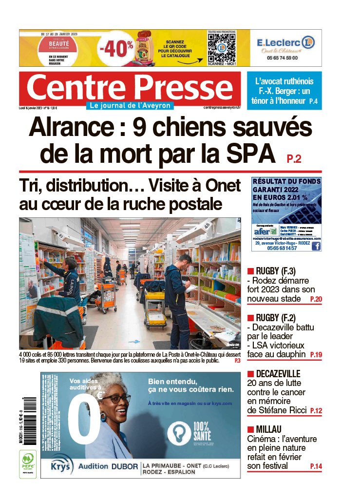 Centre Presse Aveyron N°20230116 Du 16 Janvier 2023 à Télécharger Sur Ipad