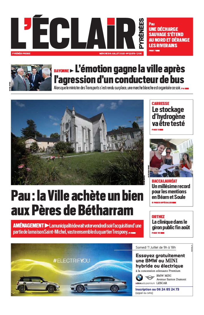 L'Éclair des Pyrénées 08 juillet 2020 Abonnement L'Éclair des Pyrénées Pas Cher avec le BOUQUET ePresse.fr