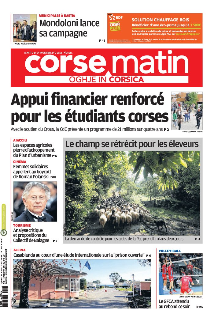 Corse Matin N°26161 du 19 novembre 2019 à télécharger sur iPad