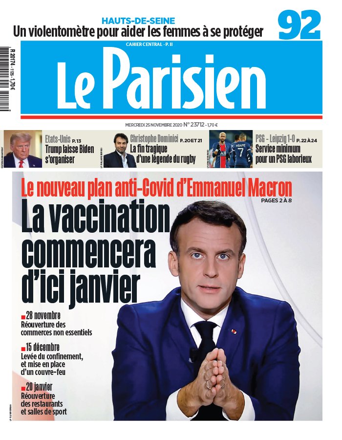 Le Parisien 25 novembre 2020 Le Parisien N°20201125 du 25 novembre 2020 à télécharger sur iPad