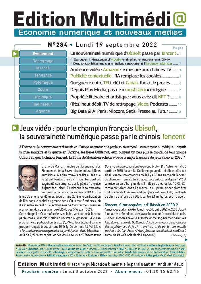 Edition Multimédi@ N°284 du 19 septembre 2022 à télécharger sur iPad