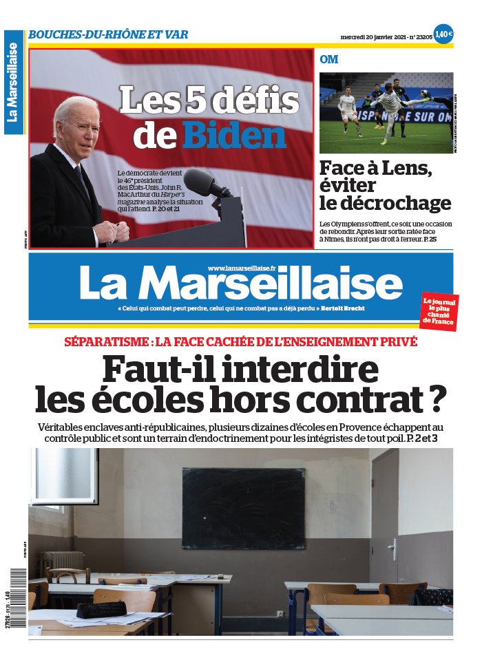 La Marseillaise 20 janvier 2021 La Marseillaise - Bouches du Rhône / Var du 20 janvier 2021