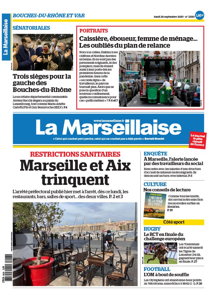 La Marseillaise 28 septembre 2020 La Marseillaise - Bouches du Rhône / Var du 28 septembre 2020
