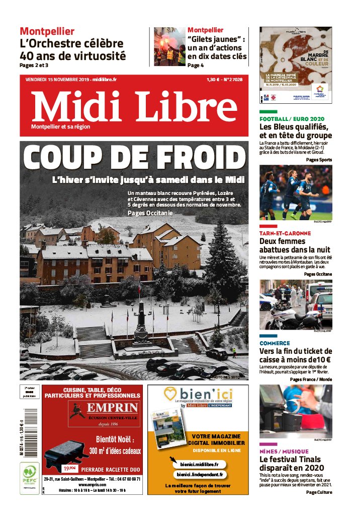 Midi Libre 15 novembre 2019 Abonnement à Midi Libre Pas Cher avec le BOUQUET INFO ePresse.fr