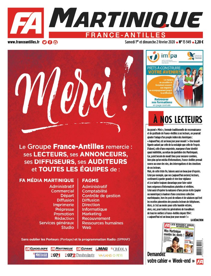 France-antilles Martinique 01 février 2020 Abonnement France-Antilles Martinique Pas Cher avec le BOUQUET ePresse.fr