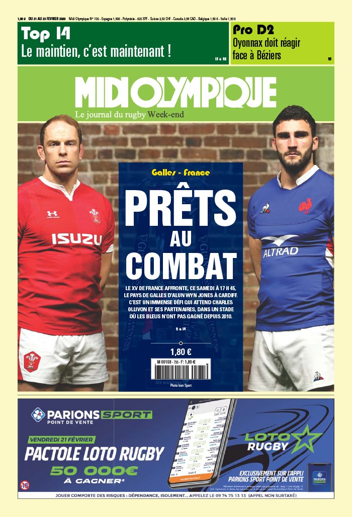Midi Olympique Vert 21 février 2020 Abonnement Midi Olympique Pas Cher avec le BOUQUET SPORT ePresse.fr