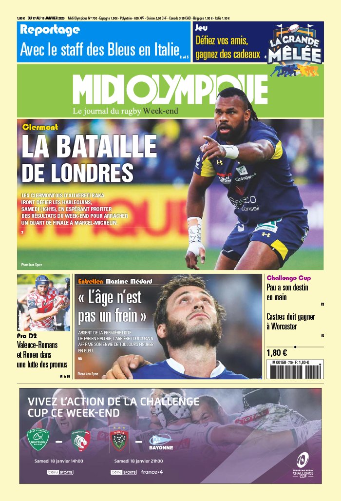 Midi Olympique Vert 17 janvier 2020 Abonnement Midi Olympique Pas Cher avec le BOUQUET SPORT ePresse.fr