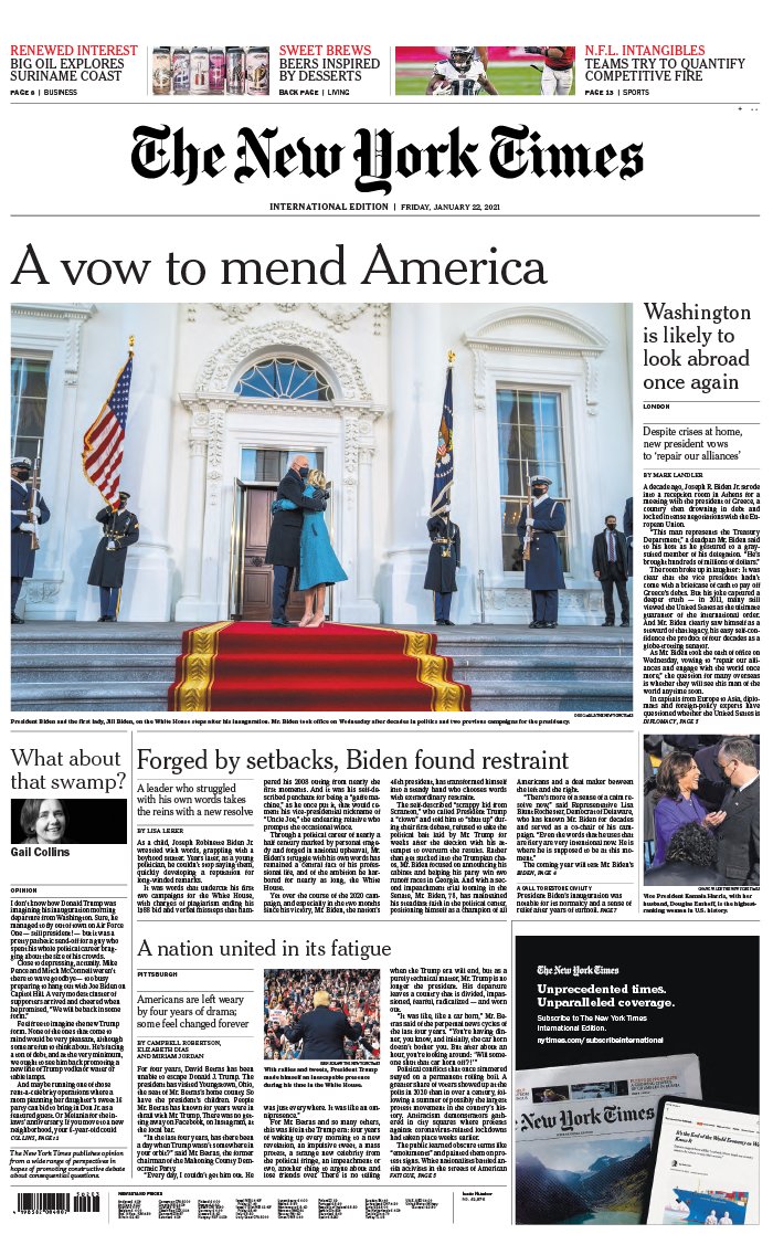 The New York Times International Edition 22 janvier 2021 The New York Times International Edition N°20210122 du 22 janvier 2021 à télécharger sur iPad