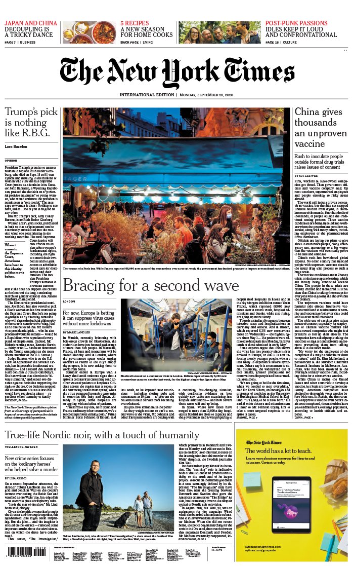 The New York Times International Edition 28 septembre 2020 The New York Times International Edition N°20200928 du 28 septembre 2020 à télécharger sur iPad